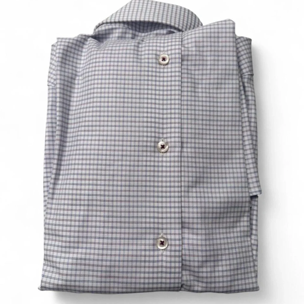 David Donahue unworn cotton micro-check dress shirt blue white red Sz 15.5 34/35 - Picture 4 of 4